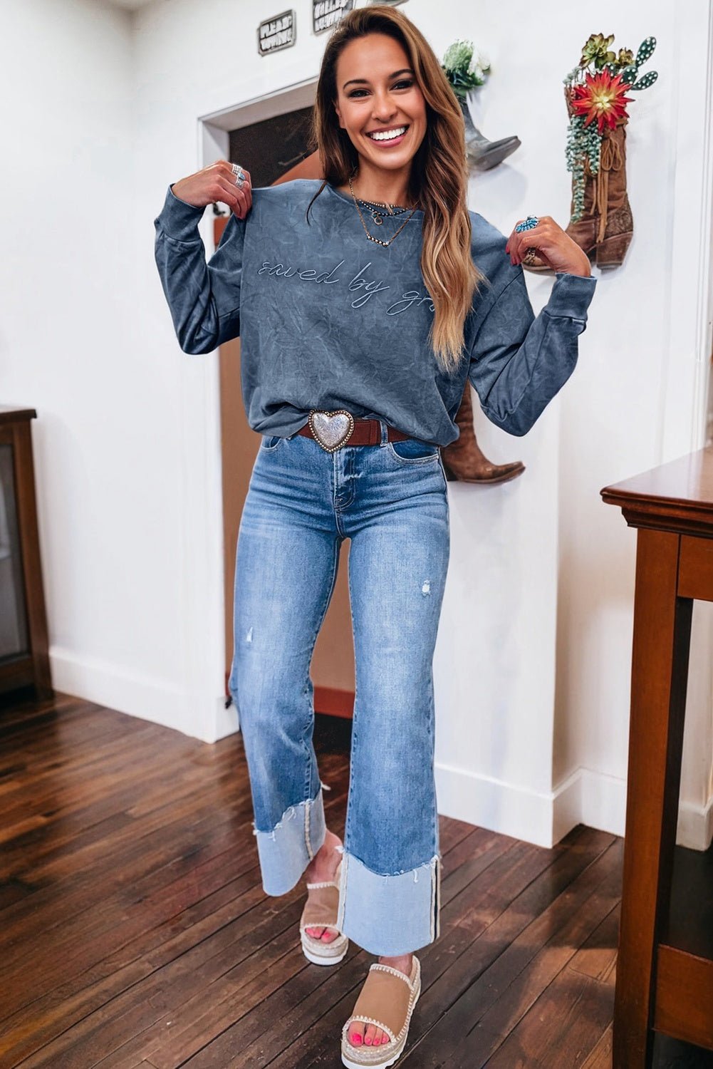 Real Teal saved by grace Letter Embroidery Mineral Wash Loose Sweatshirt - MAD RUFFI