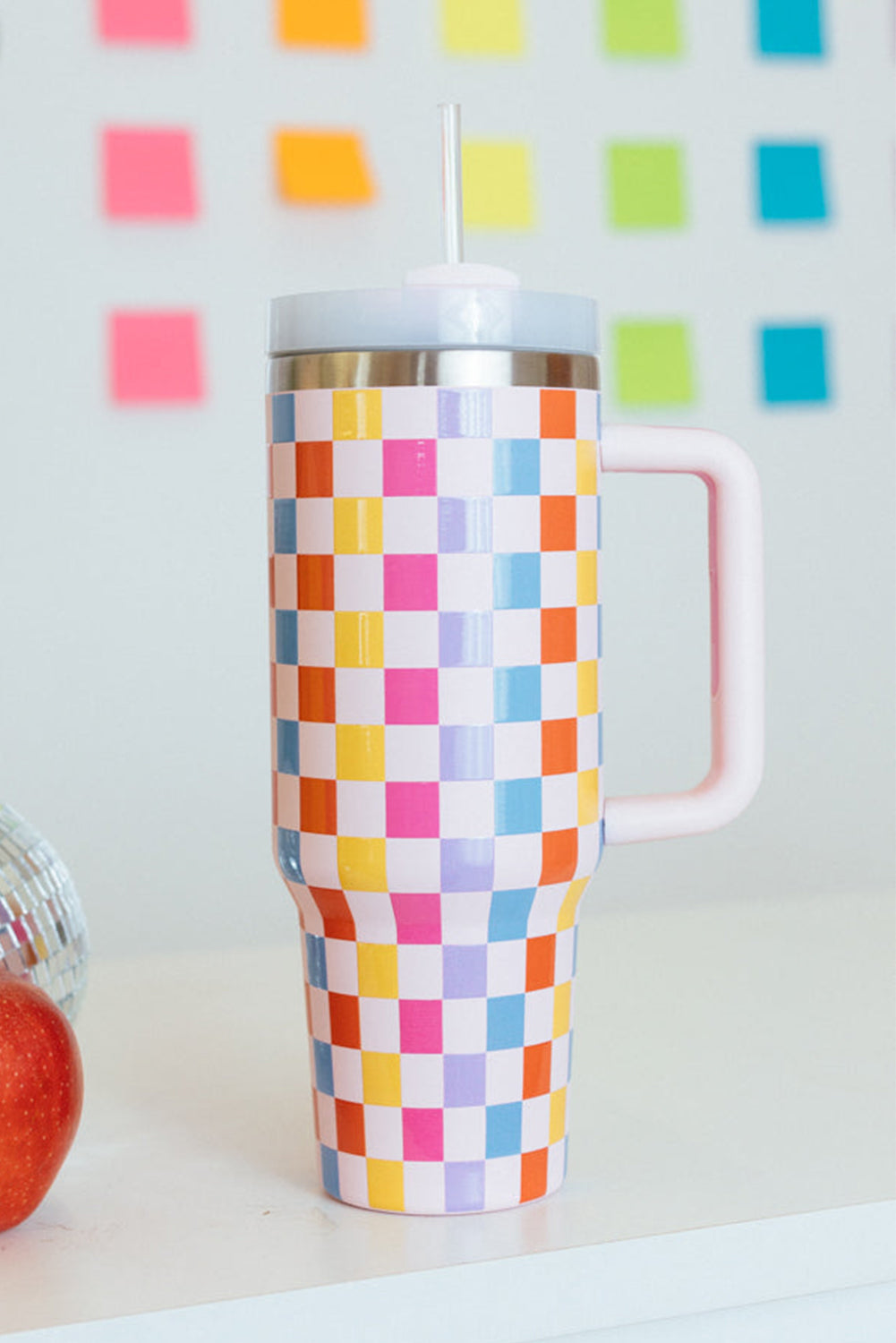 Red 40oz Colorful Checkered Print Handle Vacuum Tumbler Cup - MAD RUFFI