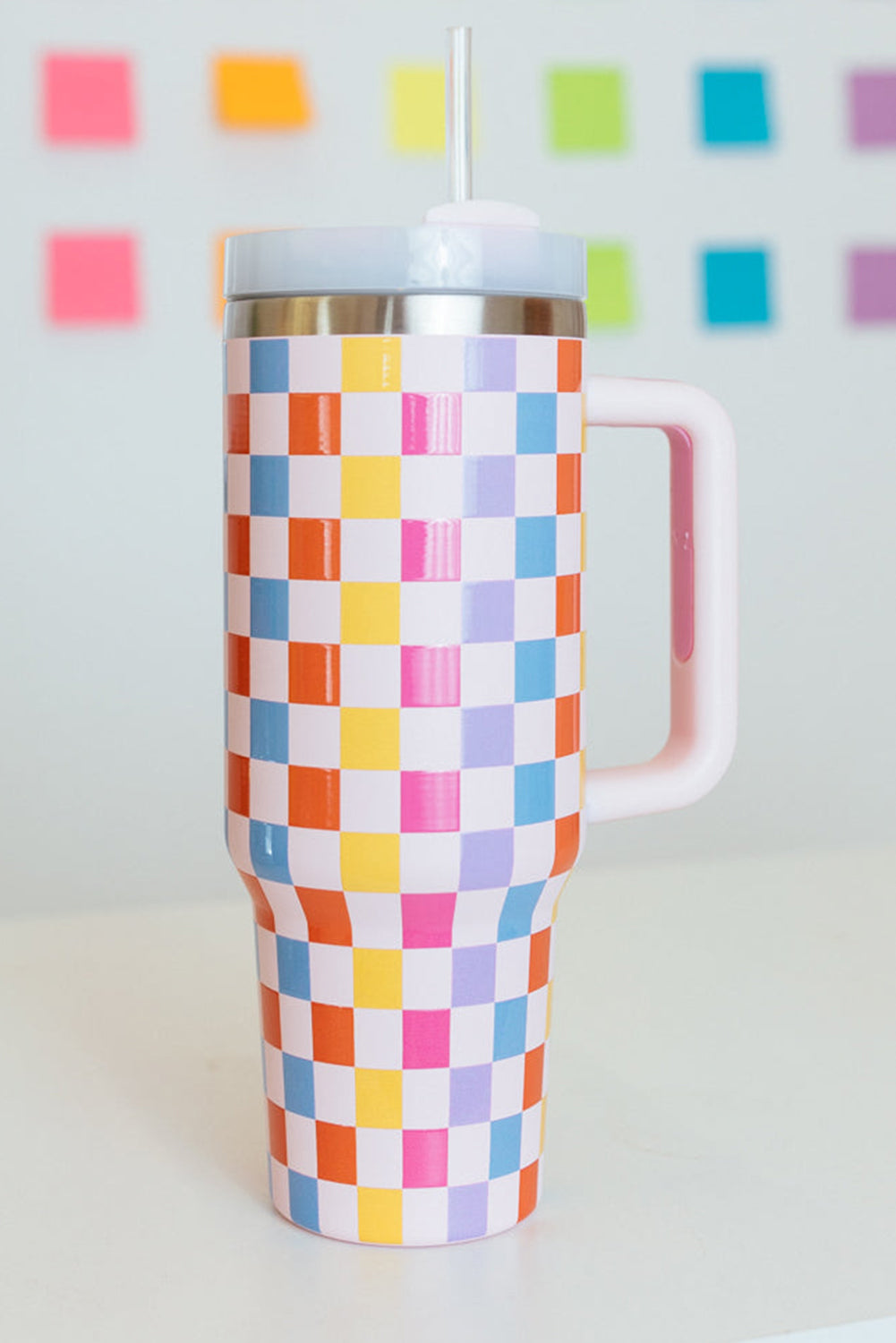 Red 40oz Colorful Checkered Print Handle Vacuum Tumbler Cup - MAD RUFFI