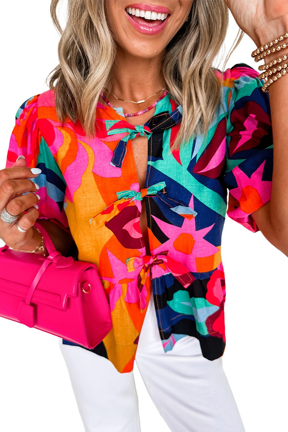 Red Abstract Print Tie Front Puff Sleeve Babydoll Blouse - MAD RUFFI