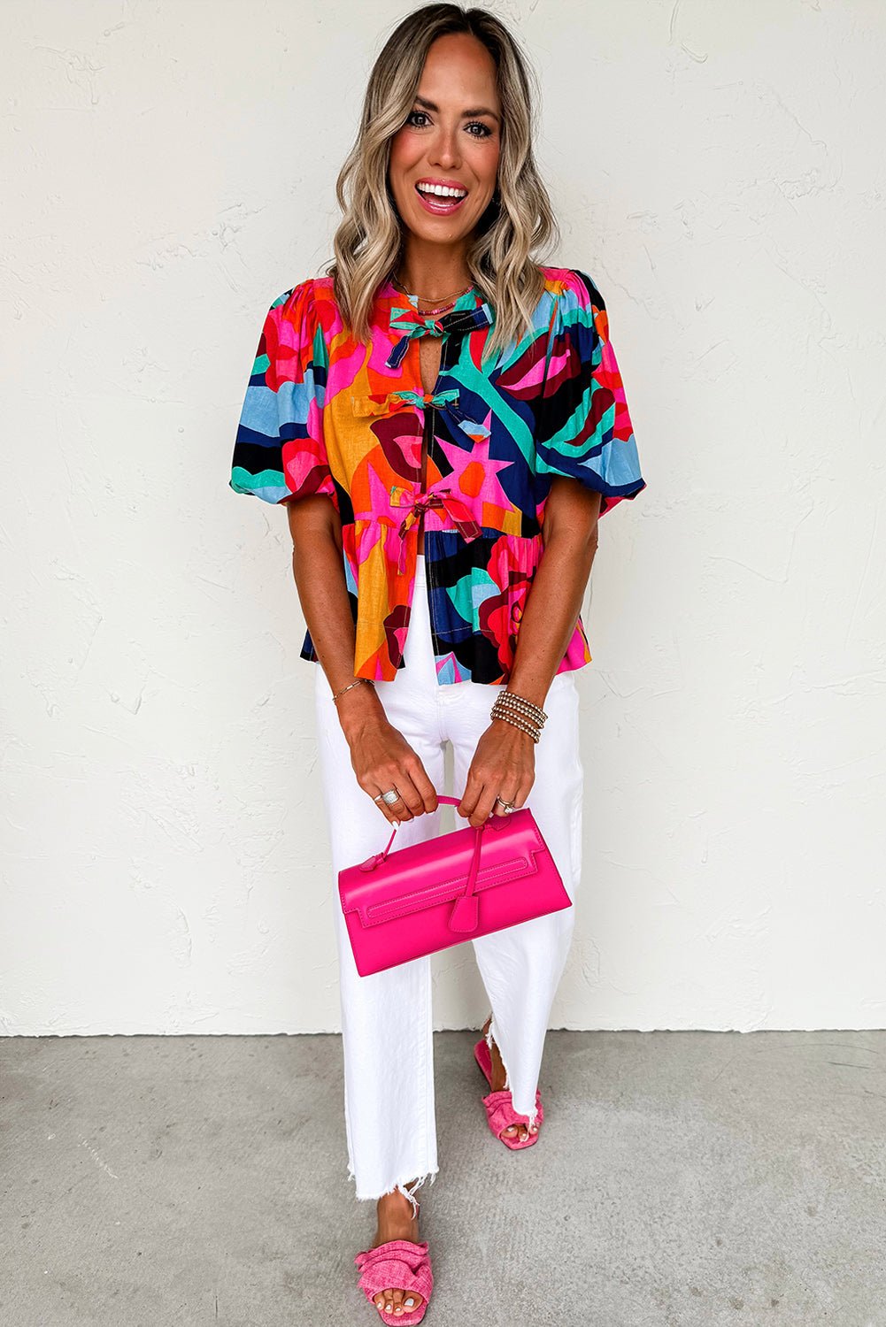 Red Abstract Print Tie Front Puff Sleeve Babydoll Blouse - MAD RUFFI