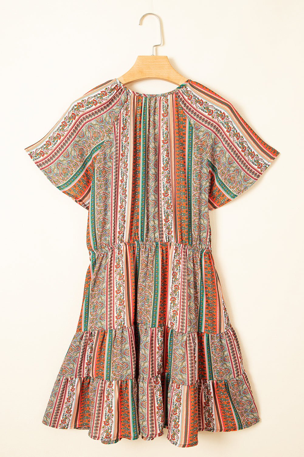 Red Bohemian Floral Print Buttoned V Neck Ruffle Tiered Dress - MAD RUFFI