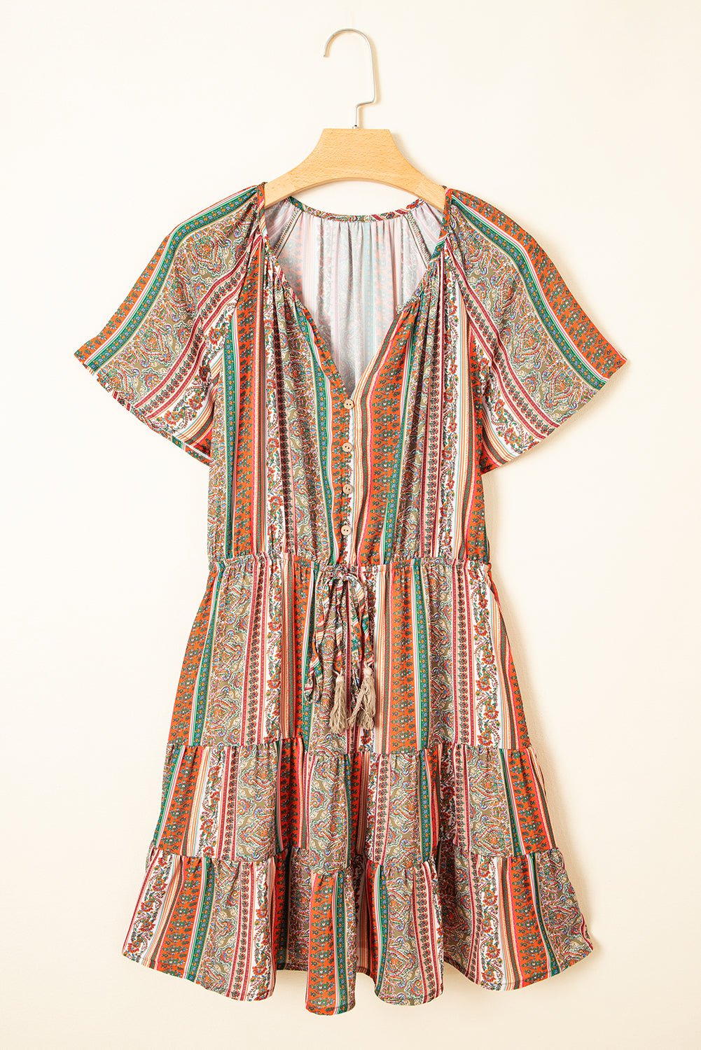 Red Bohemian Floral Print Buttoned V Neck Ruffle Tiered Dress - MAD RUFFI