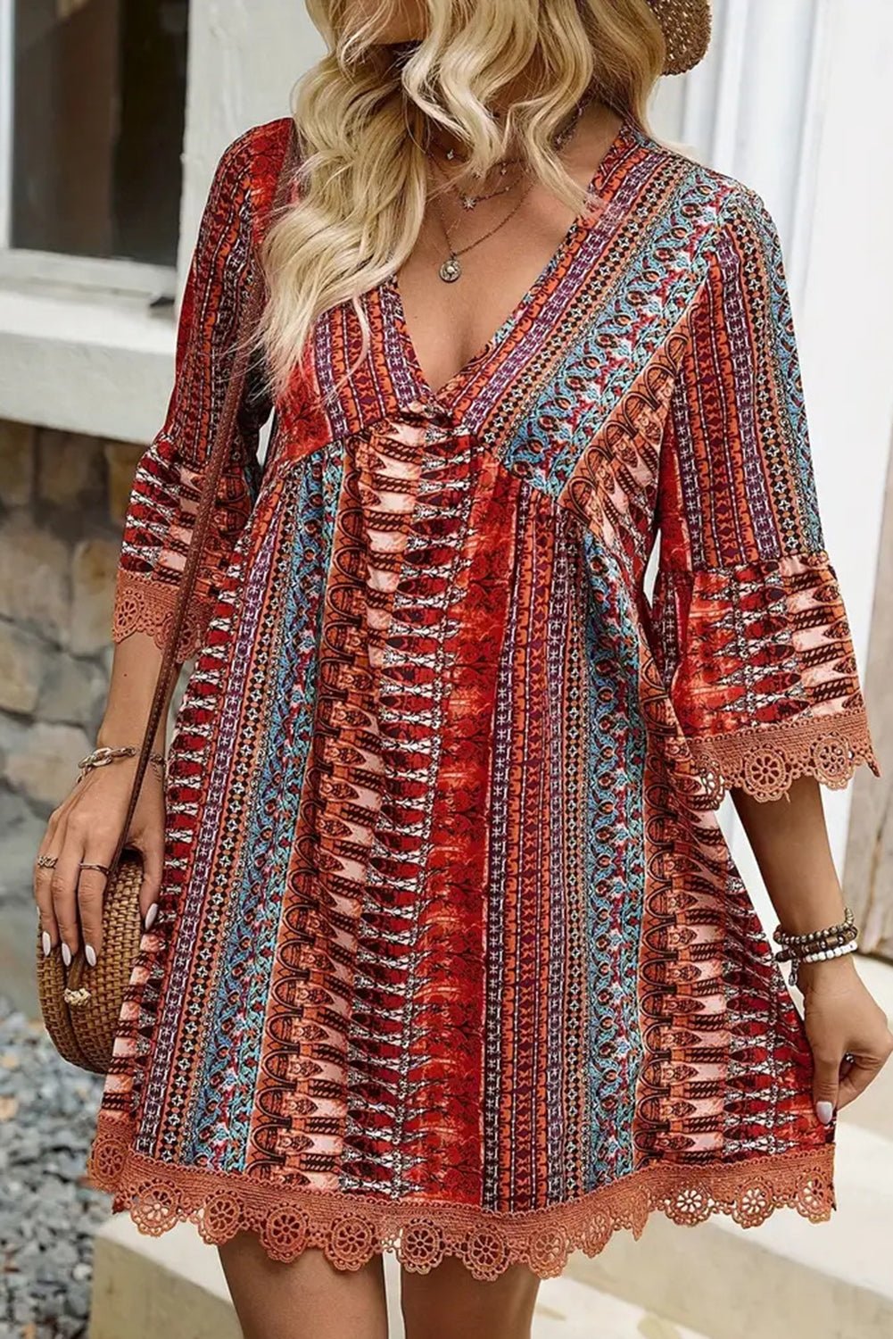 Red Boho Colorblock Deep V Neck Mini Dress - MAD RUFFI