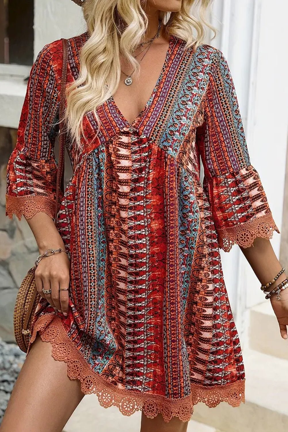 Red Boho Colorblock Deep V Neck Mini Dress - MAD RUFFI