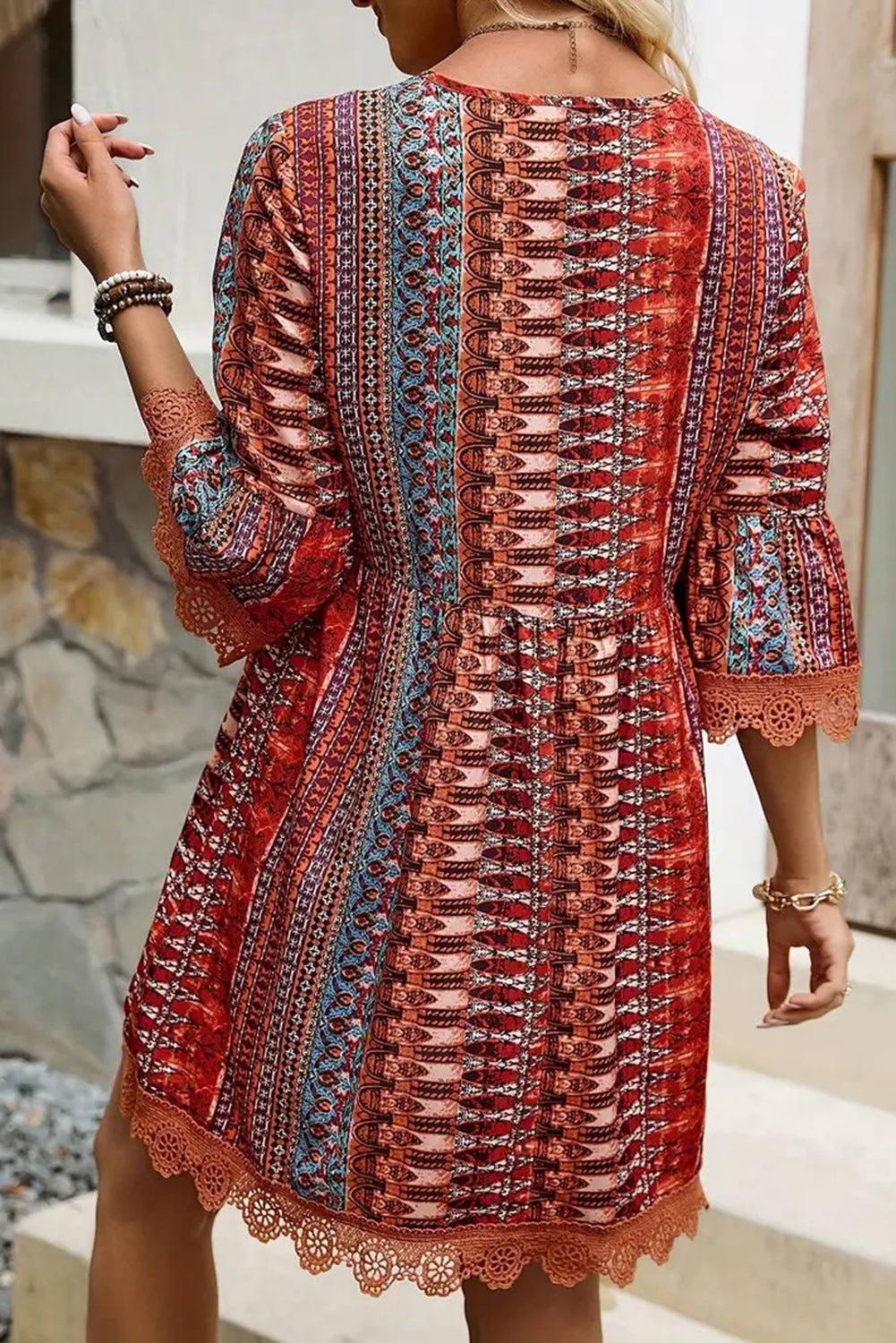 Red Boho Colorblock Deep V Neck Mini Dress - MAD RUFFI