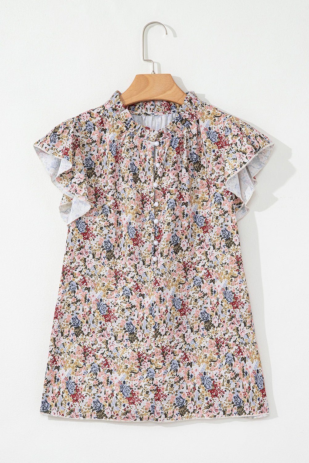 Red Boho Floral Frilled Button Neck Ruffle Short Sleeve Blouse - MAD RUFFI