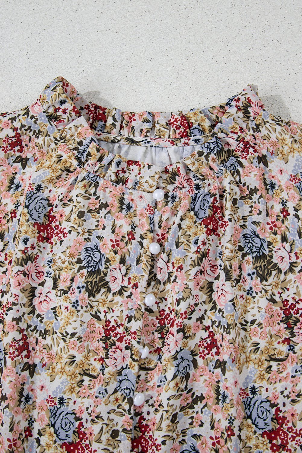 Red Boho Floral Frilled Button Neck Ruffle Short Sleeve Blouse - MAD RUFFI