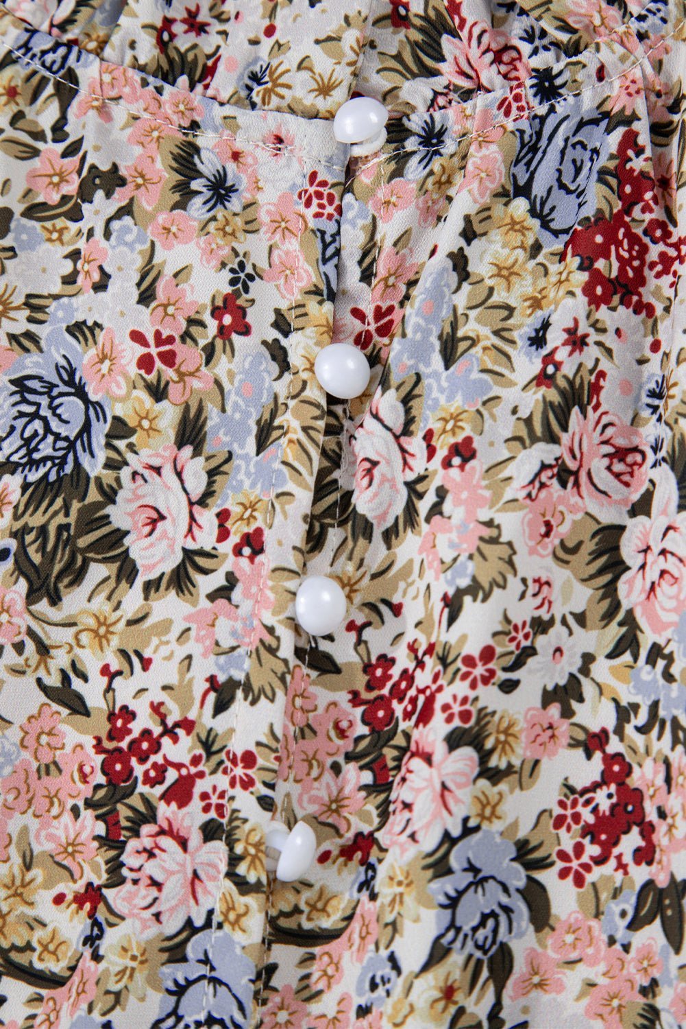 Red Boho Floral Frilled Button Neck Ruffle Short Sleeve Blouse - MAD RUFFI