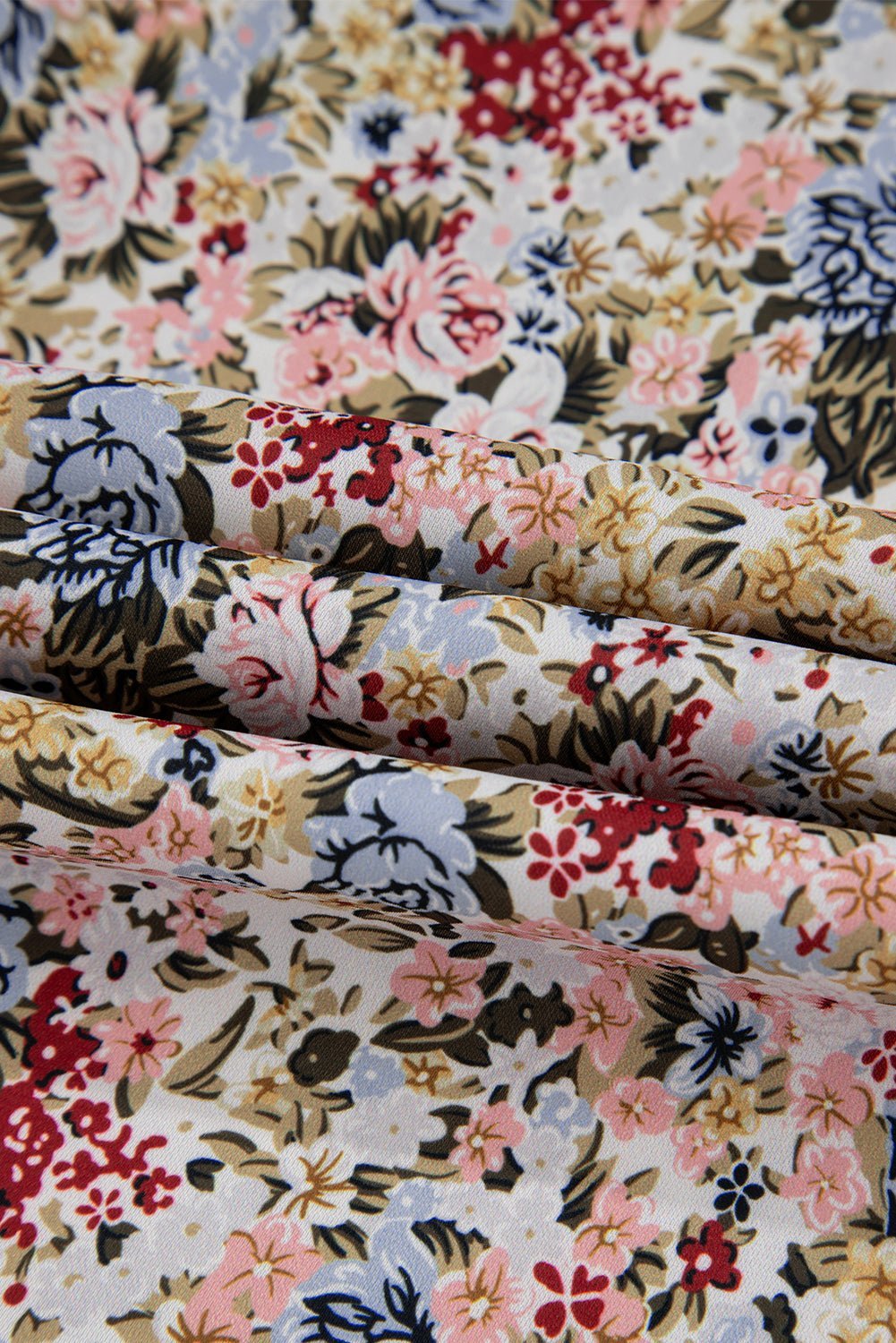 Red Boho Floral Frilled Button Neck Ruffle Short Sleeve Blouse - MAD RUFFI