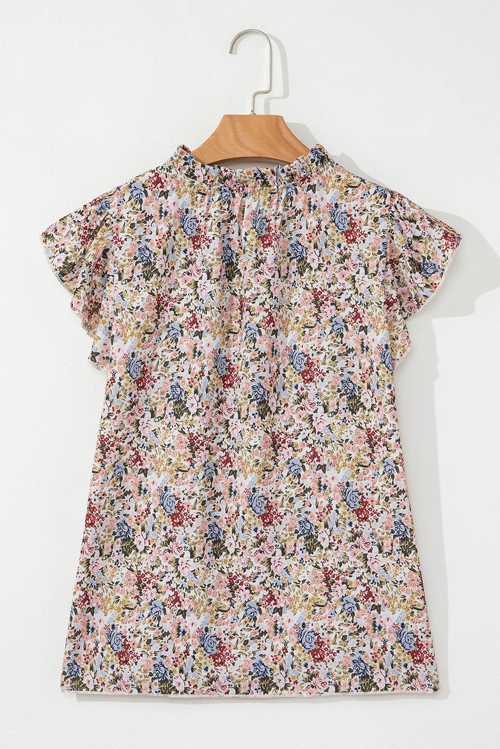 Red Boho Floral Frilled Button Neck Ruffle Short Sleeve Blouse - MAD RUFFI