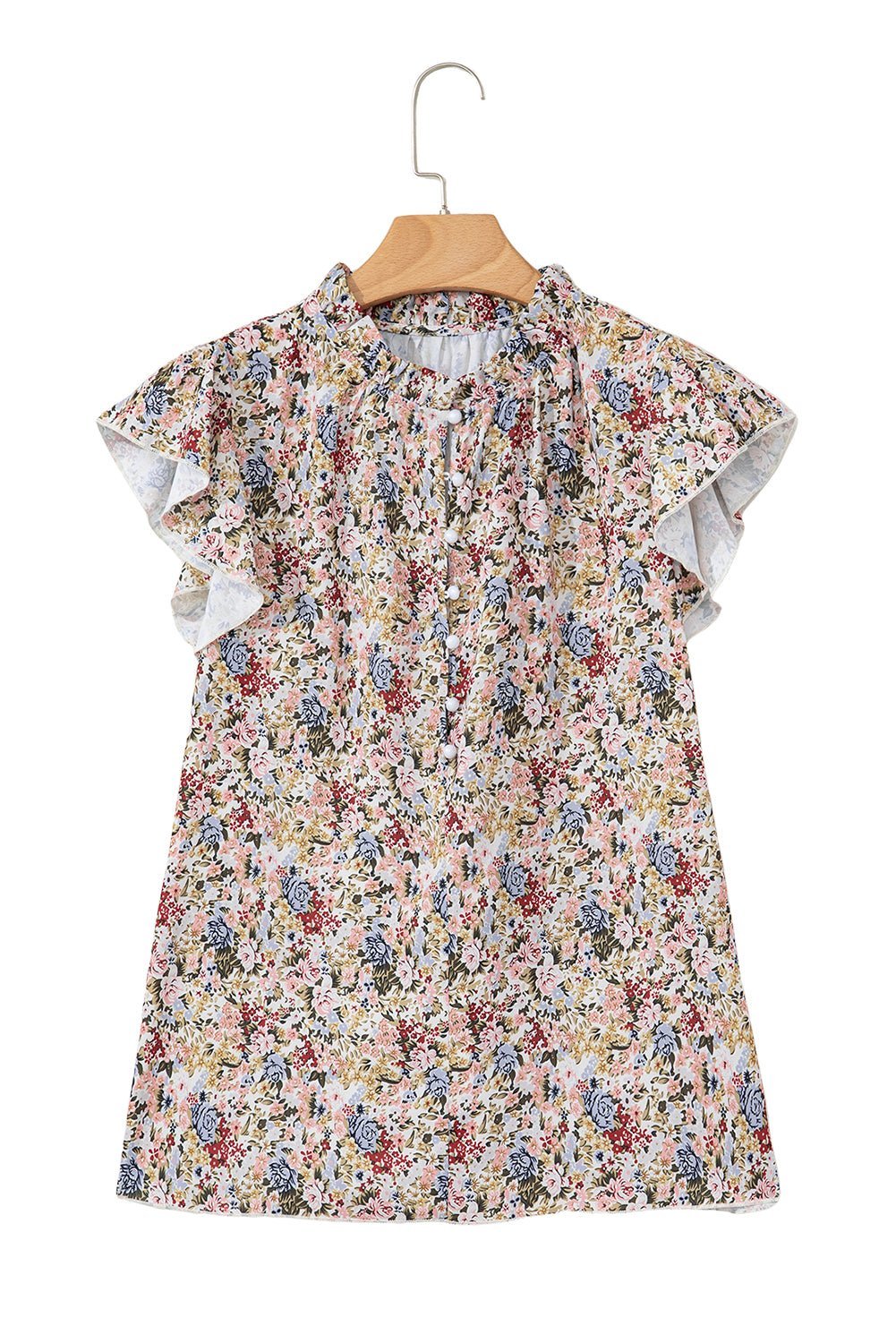 Red Boho Floral Frilled Button Neck Ruffle Short Sleeve Blouse - MAD RUFFI