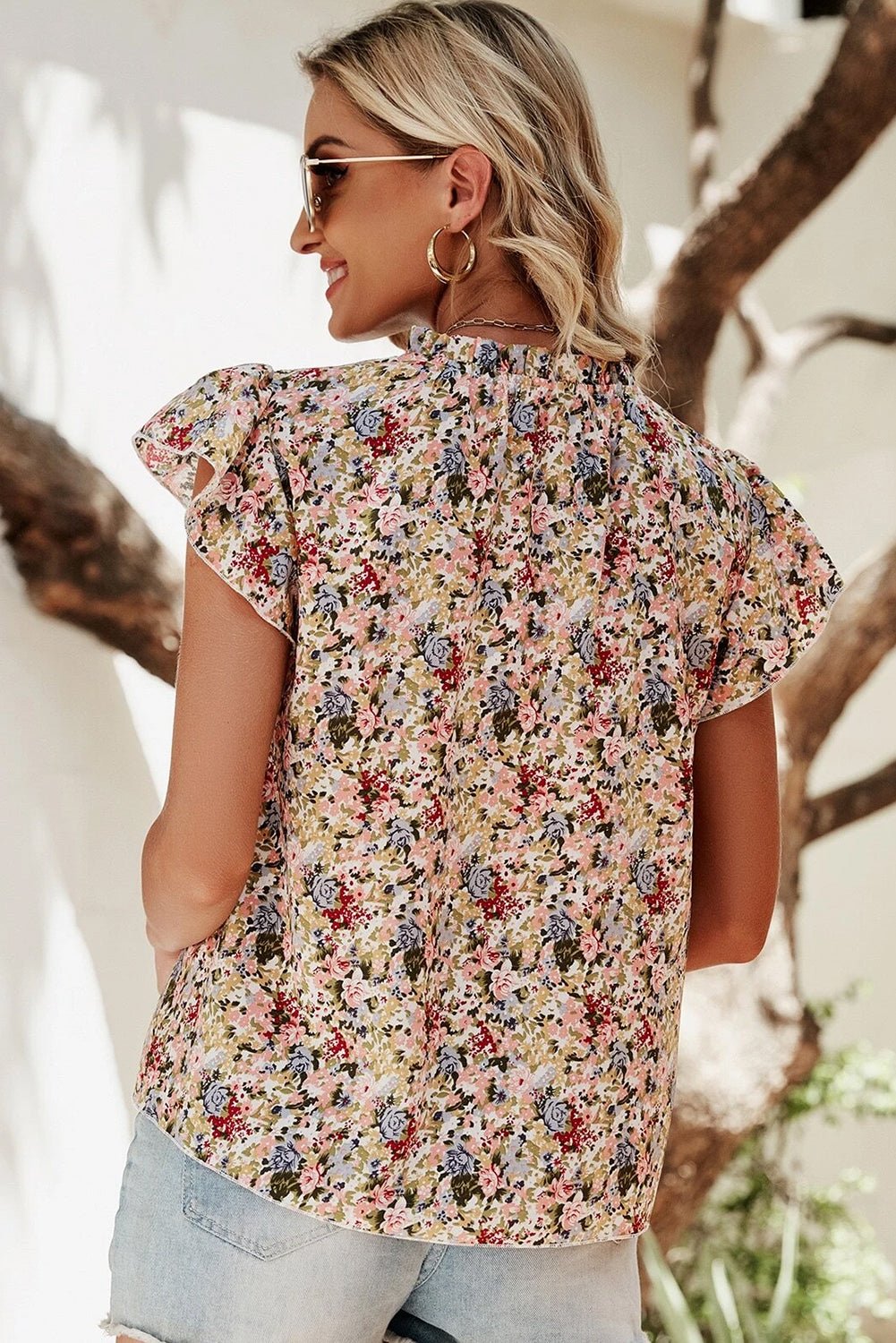 Red Boho Floral Frilled Button Neck Ruffle Short Sleeve Blouse - MAD RUFFI