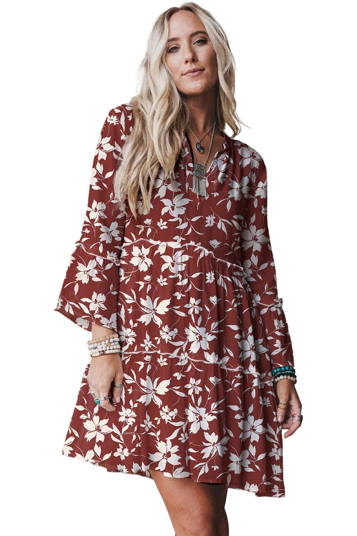 Red Boho Floral Print Lettuce Trim 3/4 Sleeve Mini Dress - MAD RUFFI