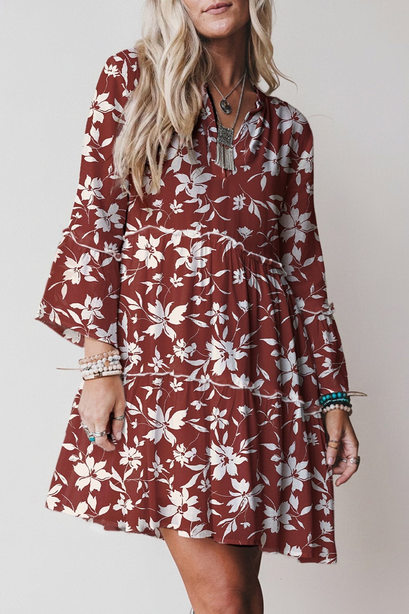 Red Boho Floral Print Lettuce Trim 3/4 Sleeve Mini Dress - MAD RUFFI
