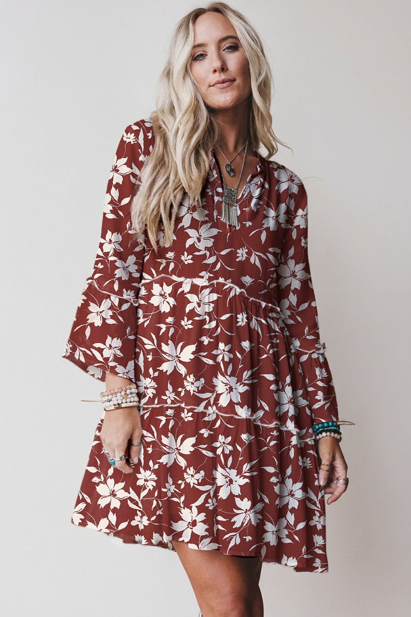Red Boho Floral Print Lettuce Trim 3/4 Sleeve Mini Dress - MAD RUFFI