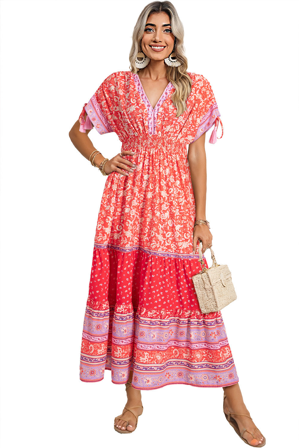 Red Boho Floral Tassel Tie Sleeve Maxi Dress - MAD RUFFI