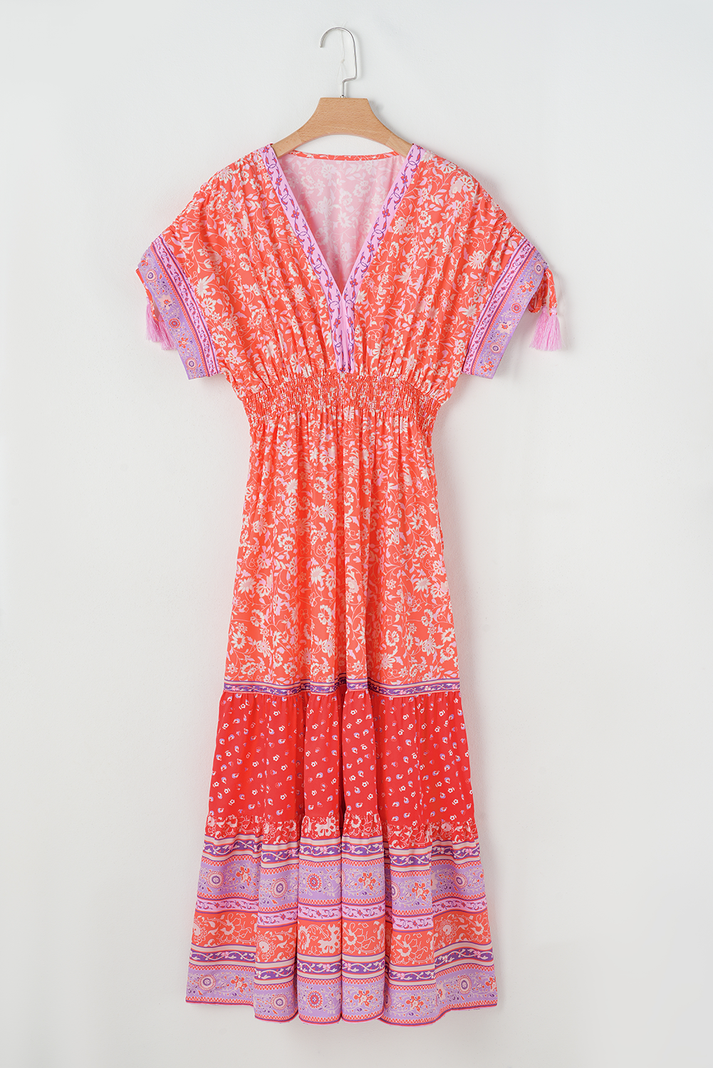 Red Boho Floral Tassel Tie Sleeve Maxi Dress - MAD RUFFI