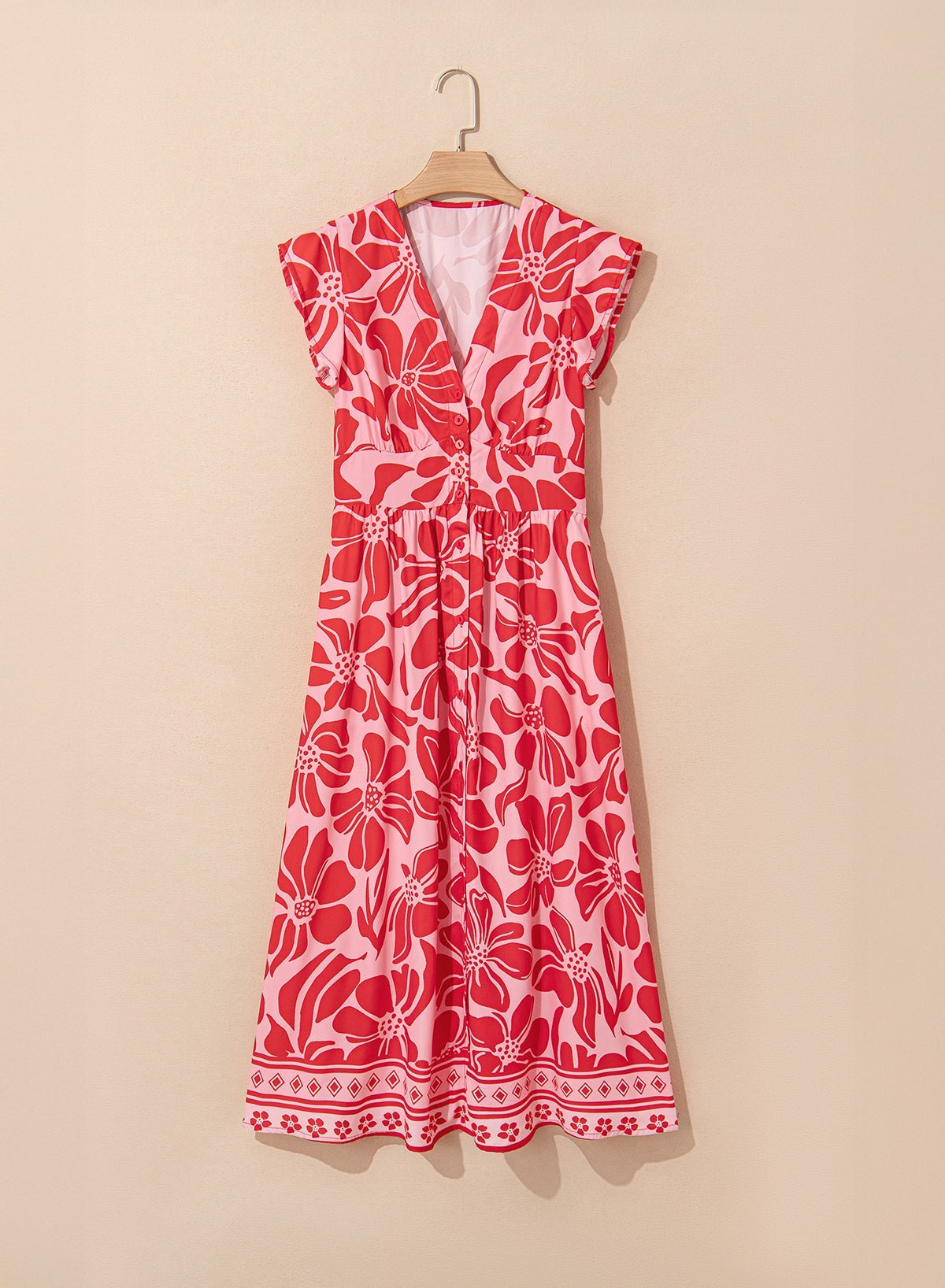 Red Boho Floral V - Neck Ruffle Shoulder Maxi Dress - MAD RUFFI