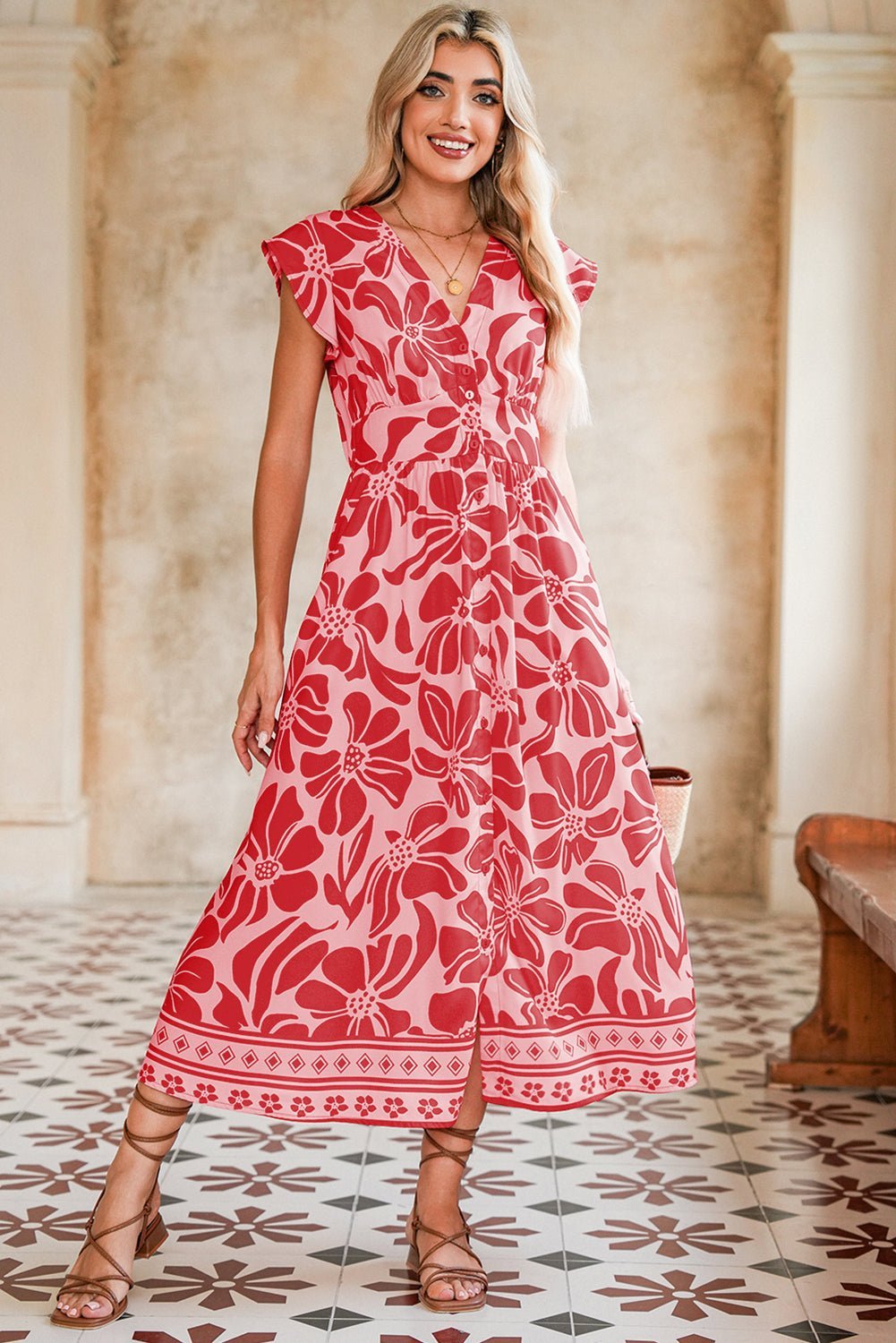 Red Boho Floral V - Neck Ruffle Shoulder Maxi Dress - MAD RUFFI