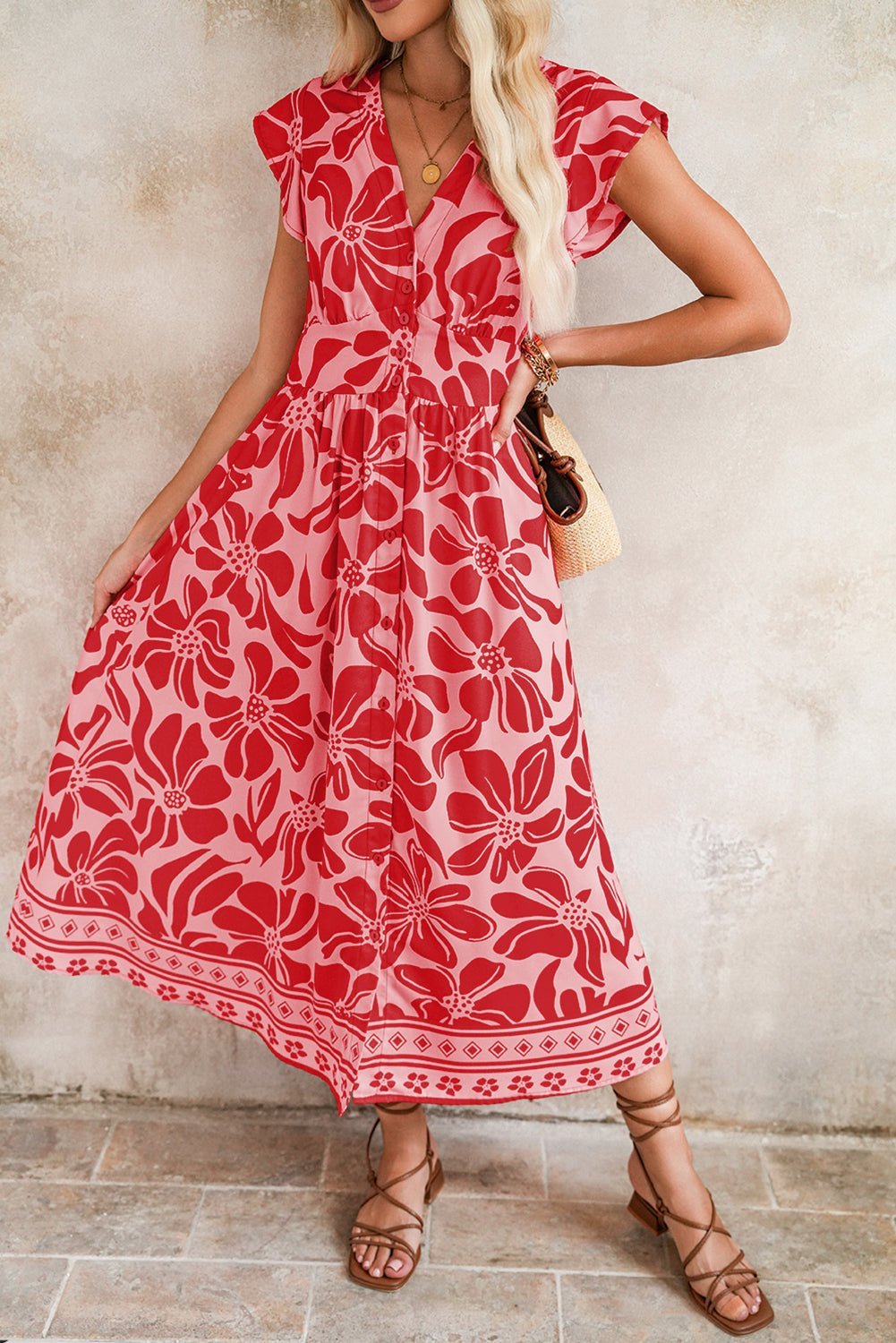 Red Boho Floral V - Neck Ruffle Shoulder Maxi Dress - MAD RUFFI