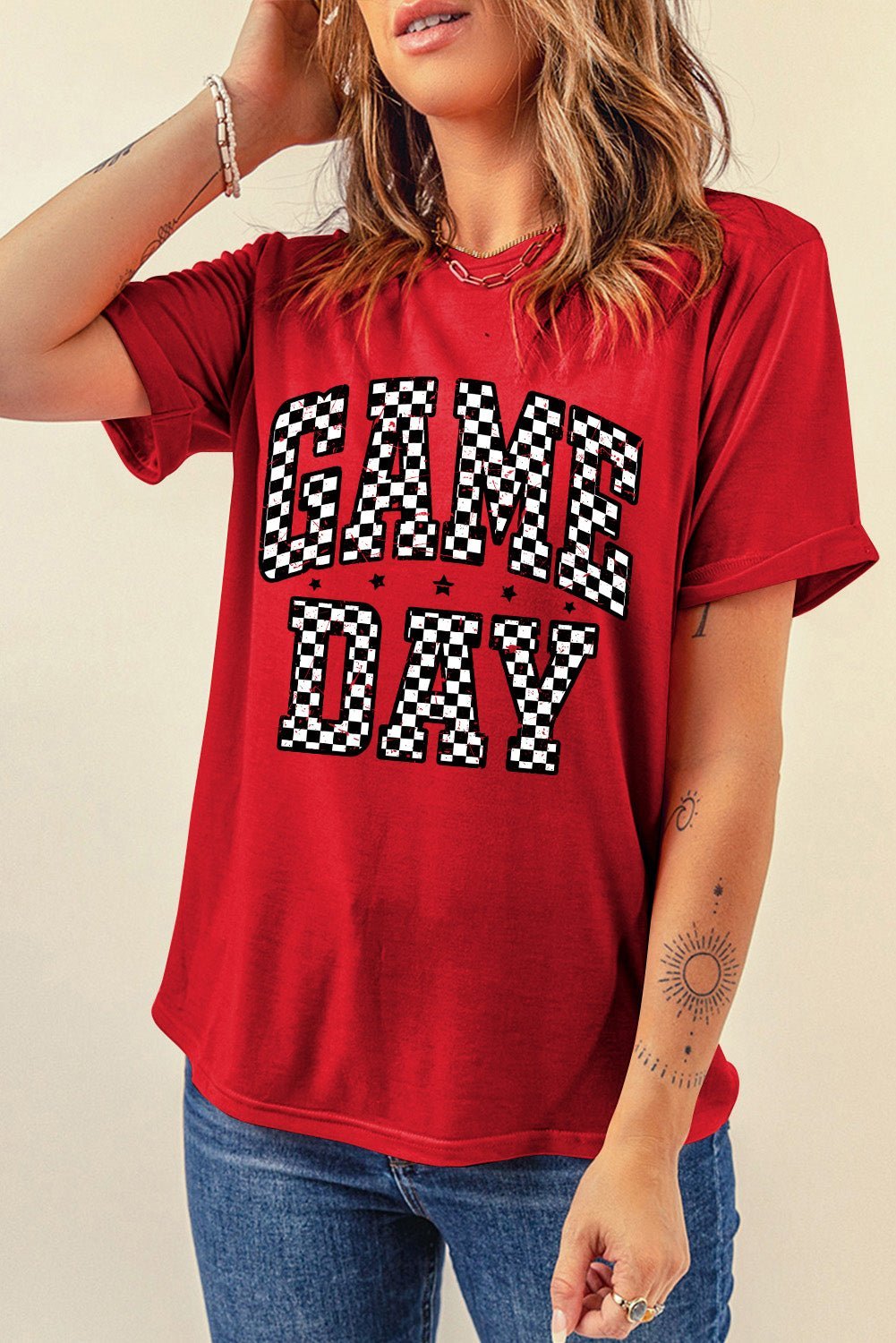 Red Checkered Game Day Graphic T Shirt - MAD RUFFI