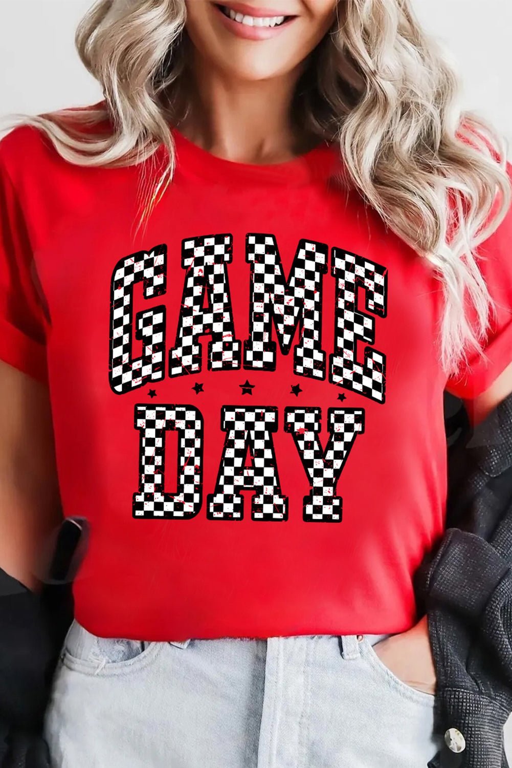 Red Checkered Game Day Graphic T Shirt - MAD RUFFI