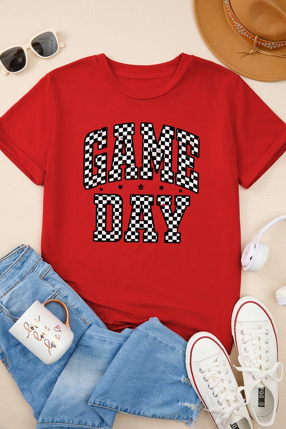 Red Checkered Game Day Graphic T Shirt - MAD RUFFI