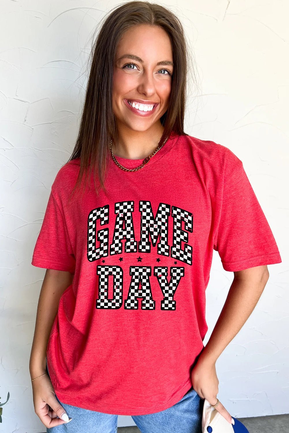 Red Checkered Game Day Graphic T Shirt - MAD RUFFI