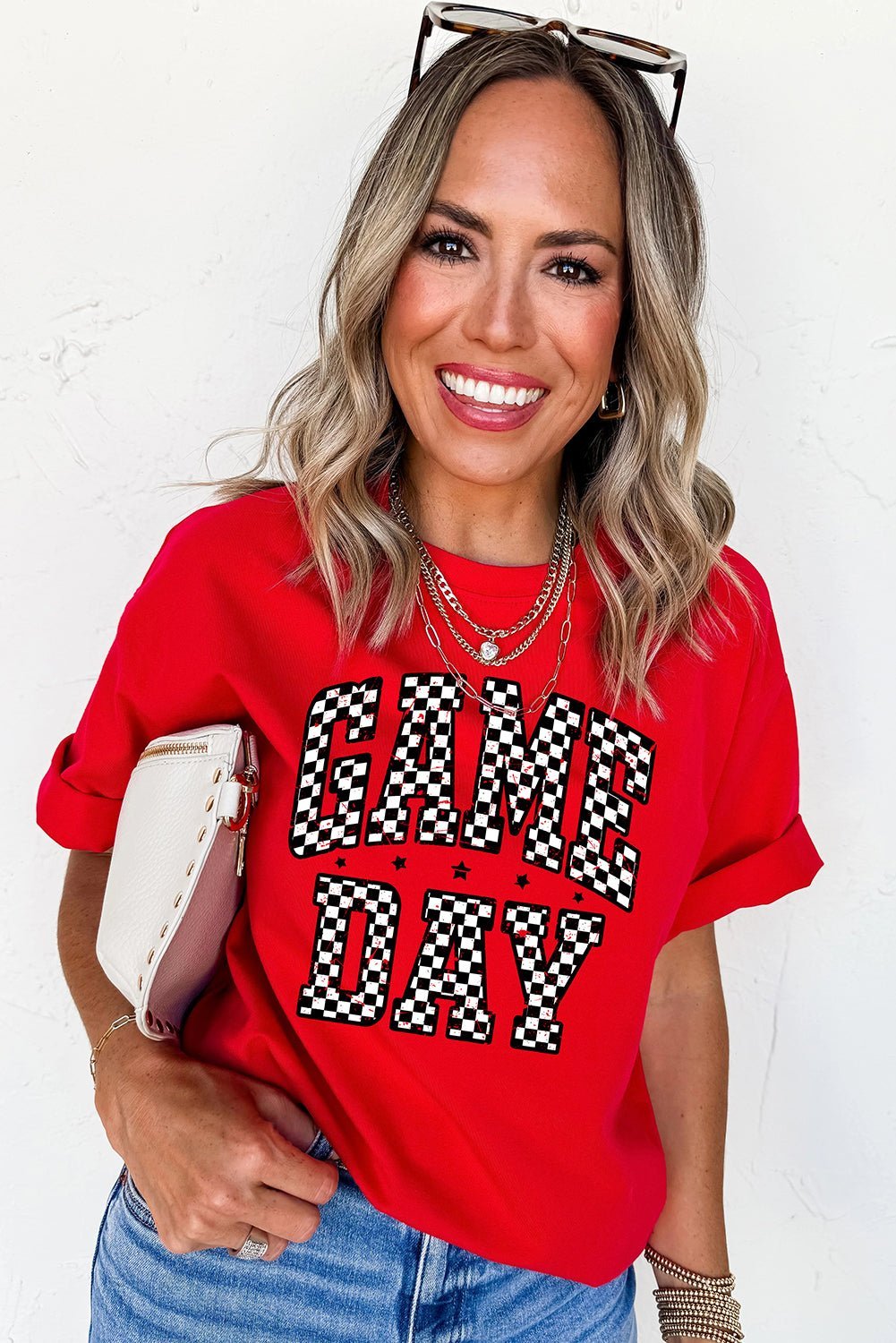 Red Checkered Game Day Graphic T Shirt - MAD RUFFI