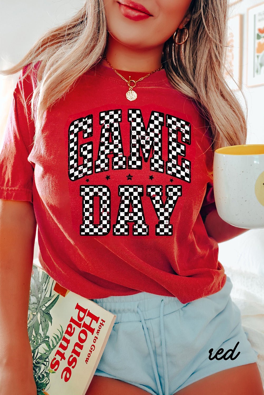 Red Checkered Game Day Graphic T Shirt - MAD RUFFI