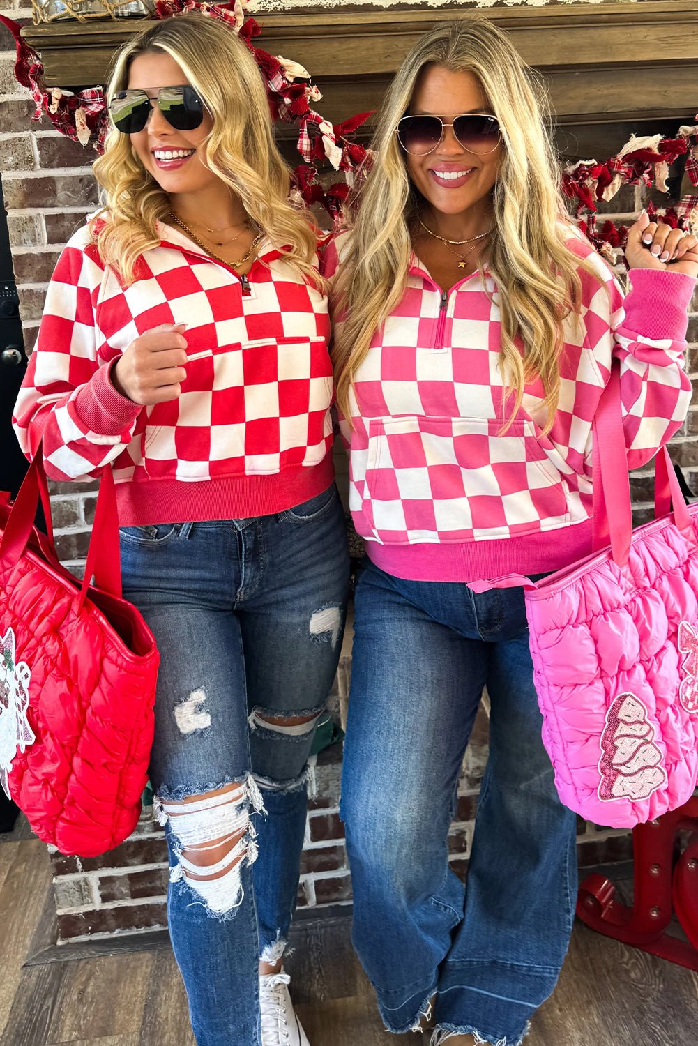 Red Checkered Print Half Zip Hoodie Loose Pant Set - MAD RUFFI