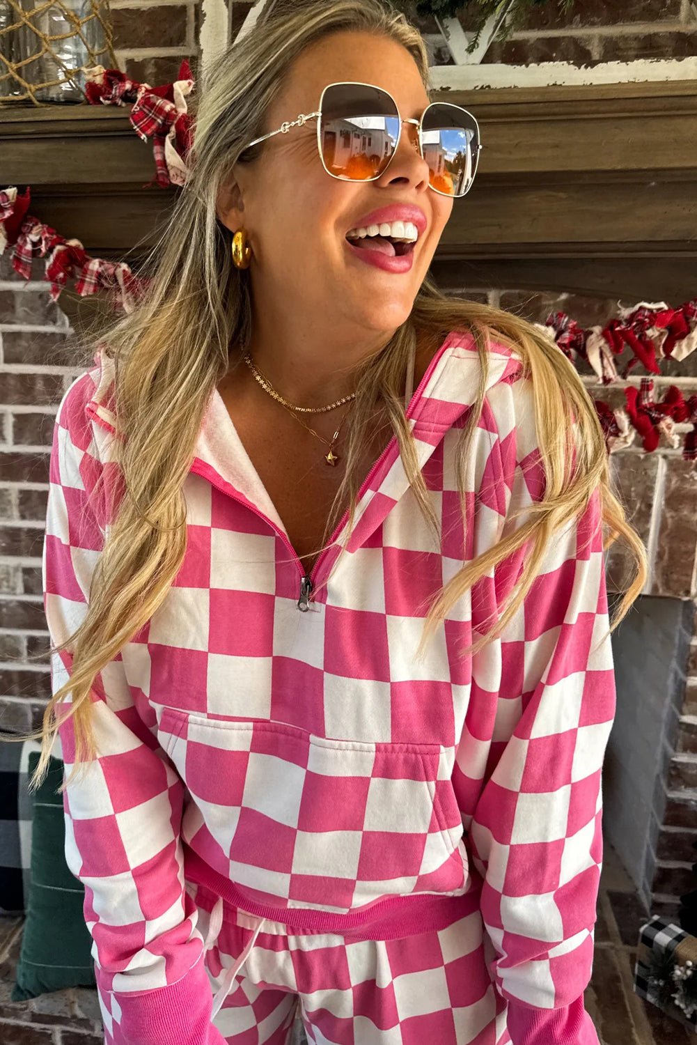 Red Checkered Print Half Zip Hoodie Loose Pant Set - MAD RUFFI