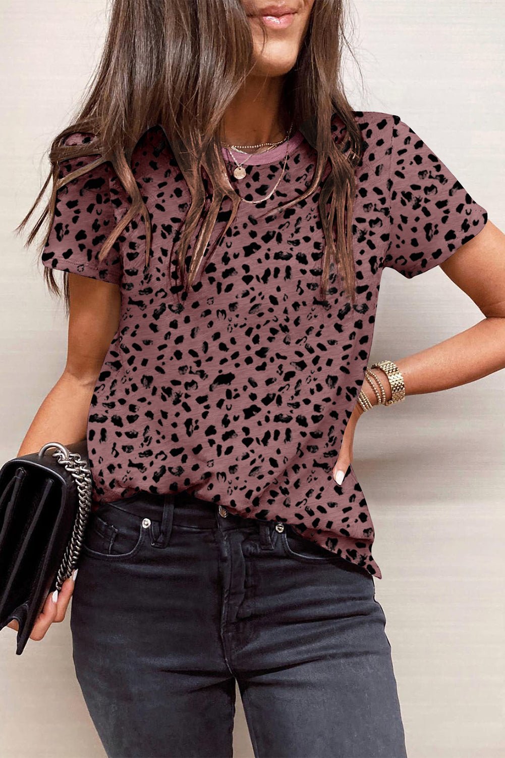 Red Cheetah Print Casual Short Sleeve Crew Neck T Shirt - MAD RUFFI