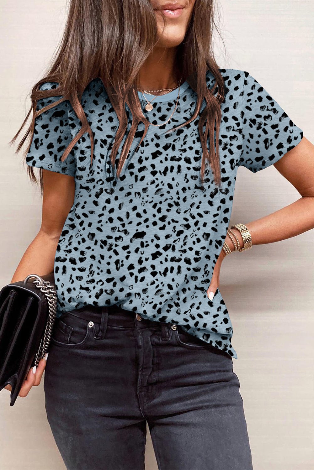 Red Cheetah Print Casual Short Sleeve Crew Neck T Shirt - MAD RUFFI