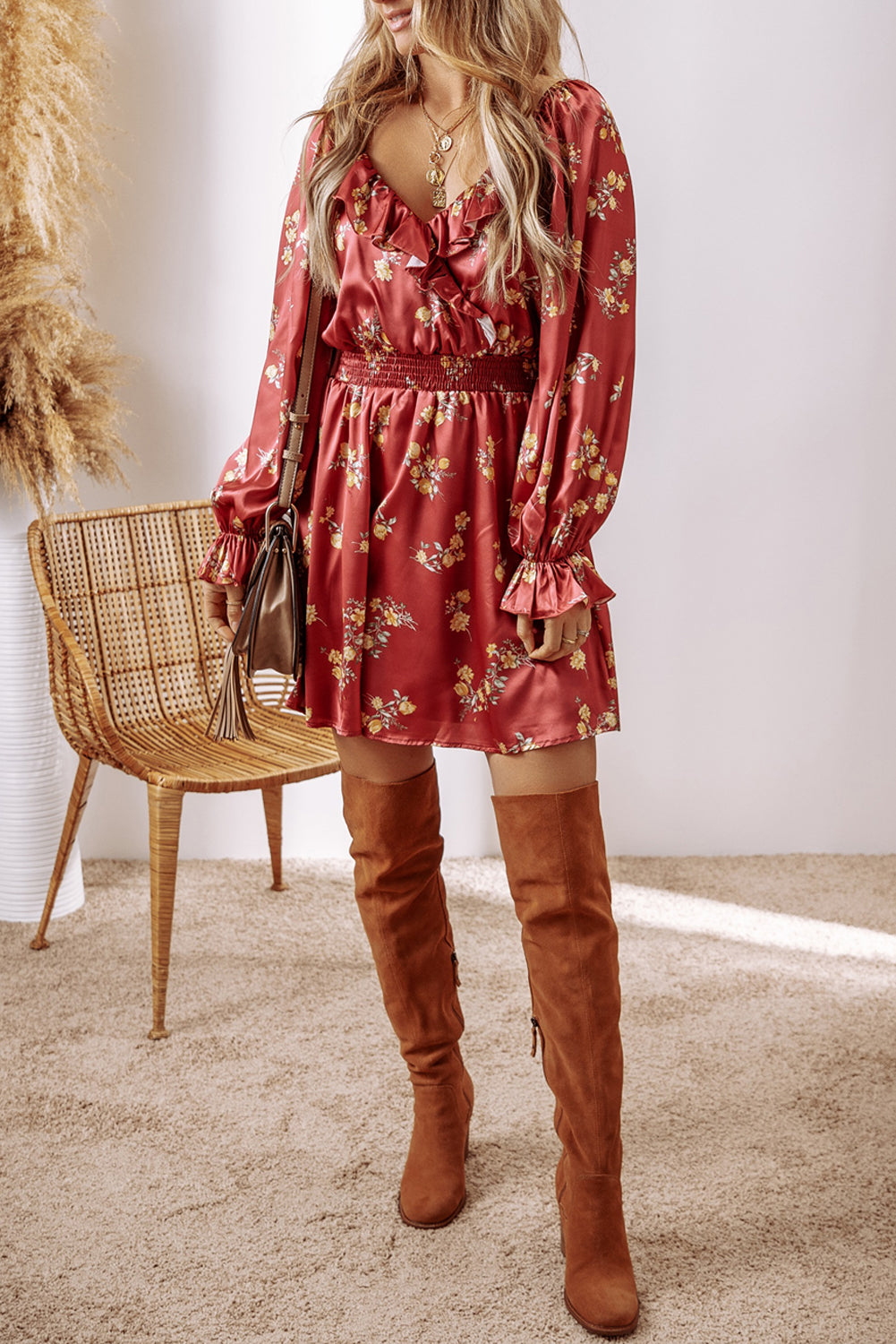 Red Clay Floral Print Shirred Waist Ruffled Trim V Neck Mini Dress - MAD RUFFI