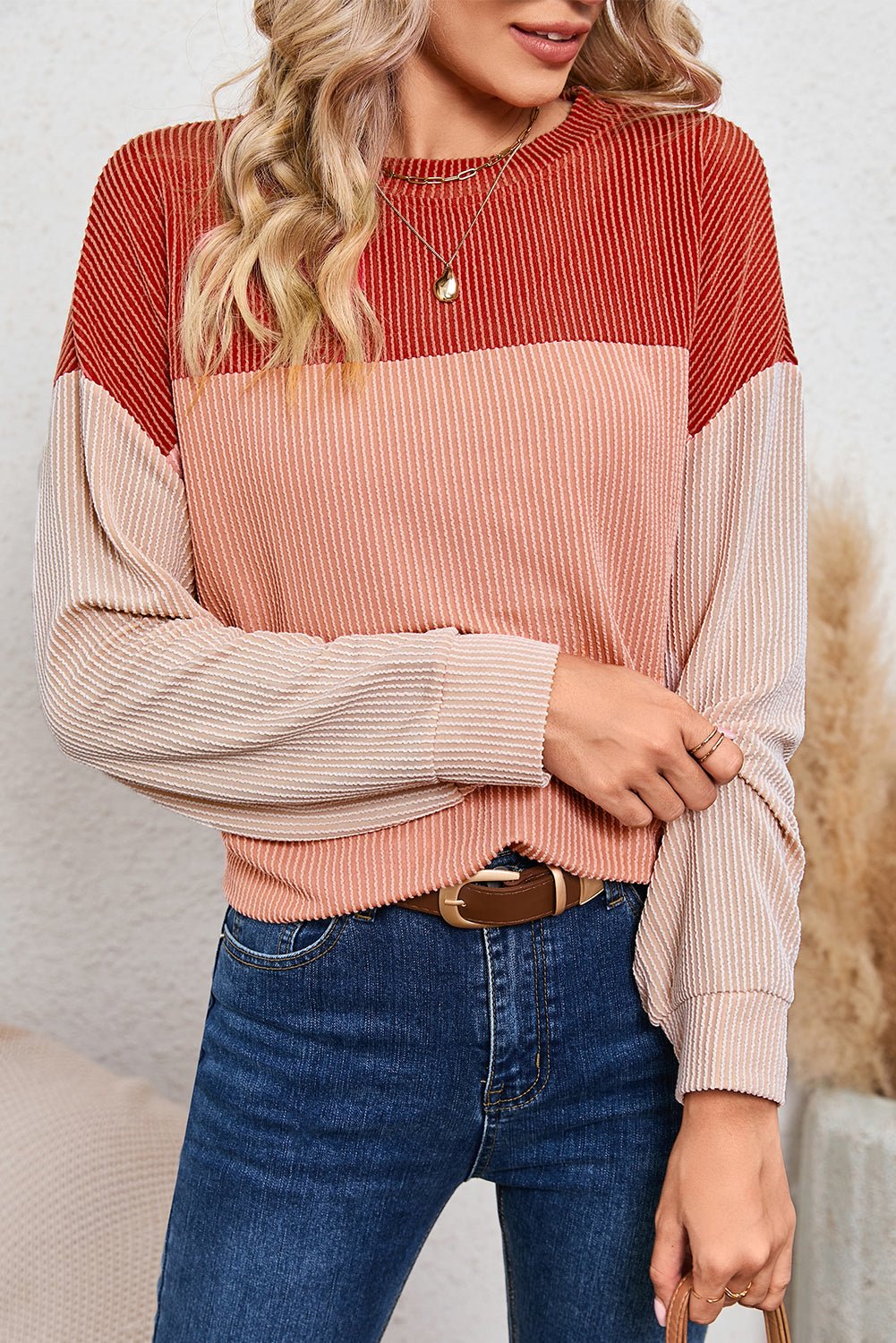 Red Color Block Ribbed Loose Long Sleeve Top - MAD RUFFI
