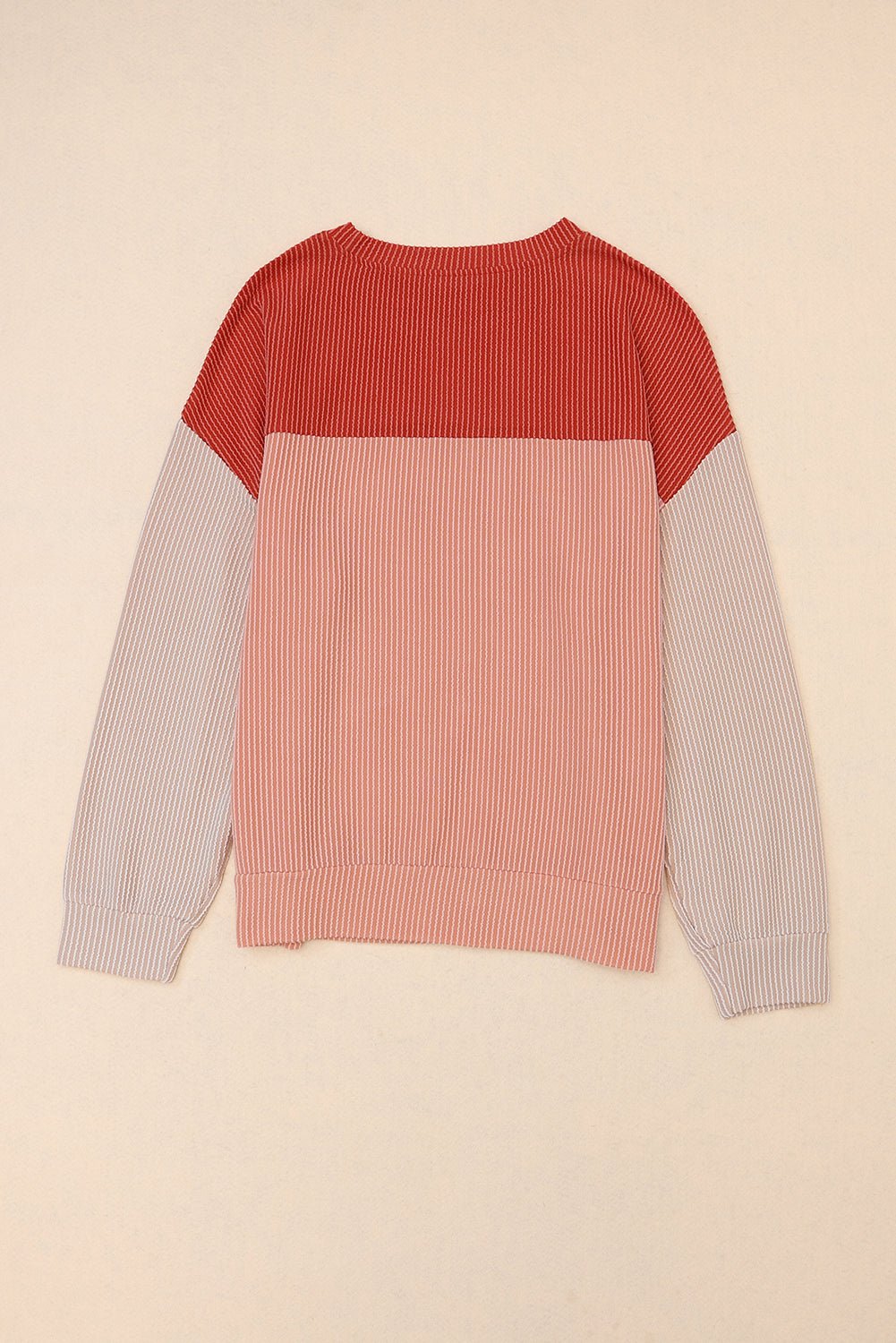 Red Color Block Ribbed Loose Long Sleeve Top - MAD RUFFI