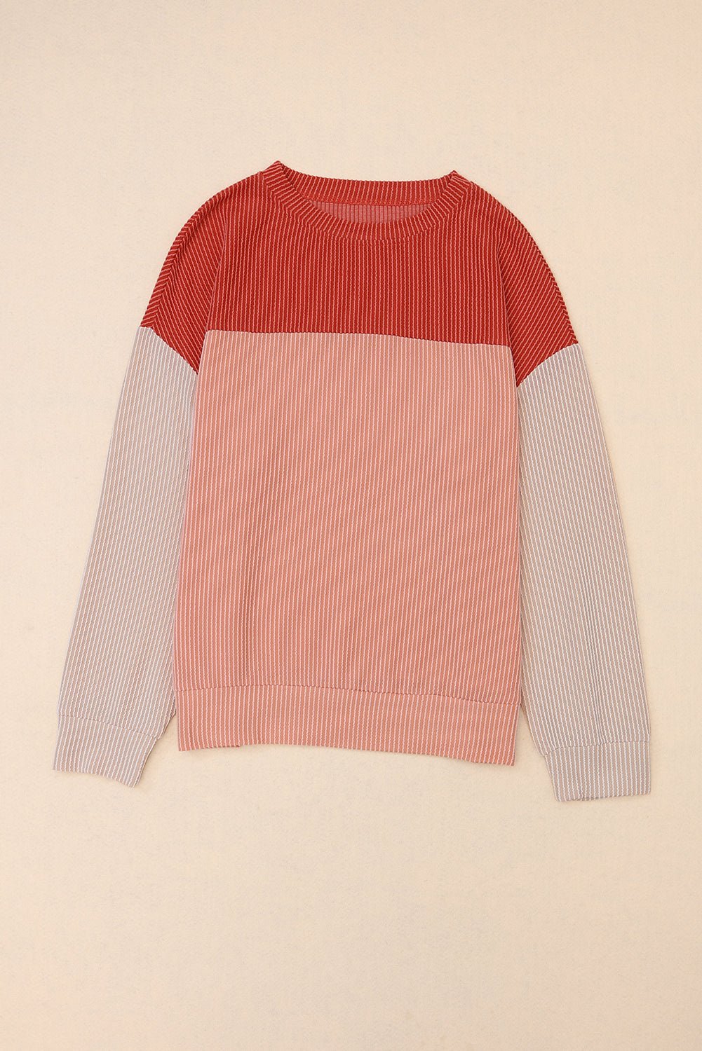 Red Color Block Ribbed Loose Long Sleeve Top - MAD RUFFI