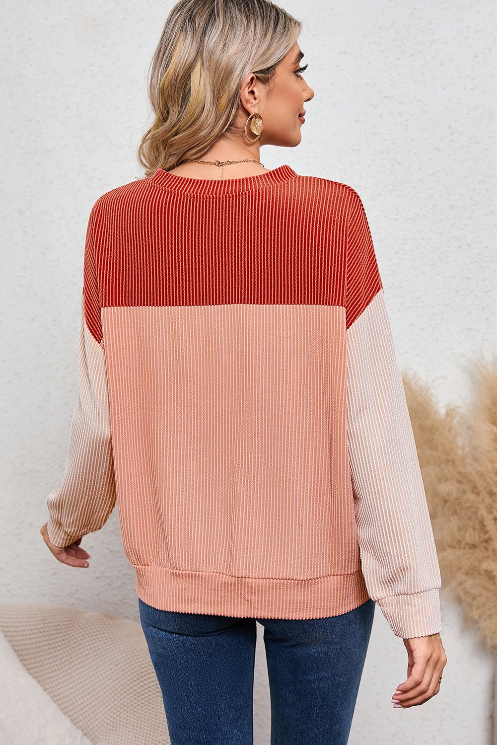 Red Color Block Ribbed Loose Long Sleeve Top - MAD RUFFI