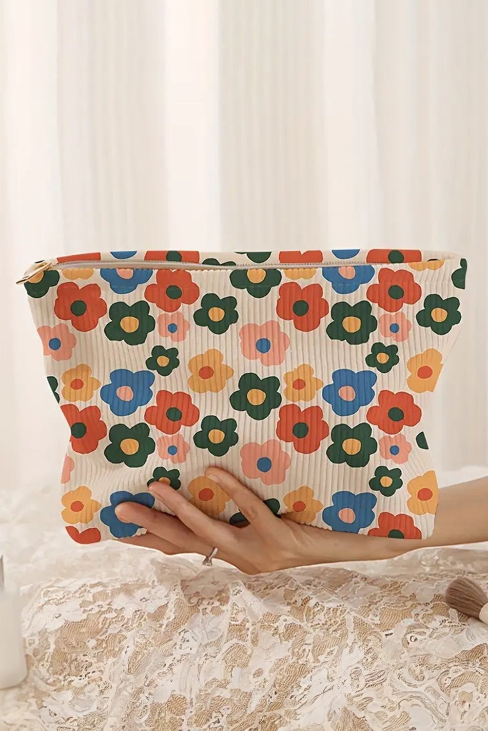 Red Colorful Flower Printed Rib Textured Cosmetic Bag - MAD RUFFI