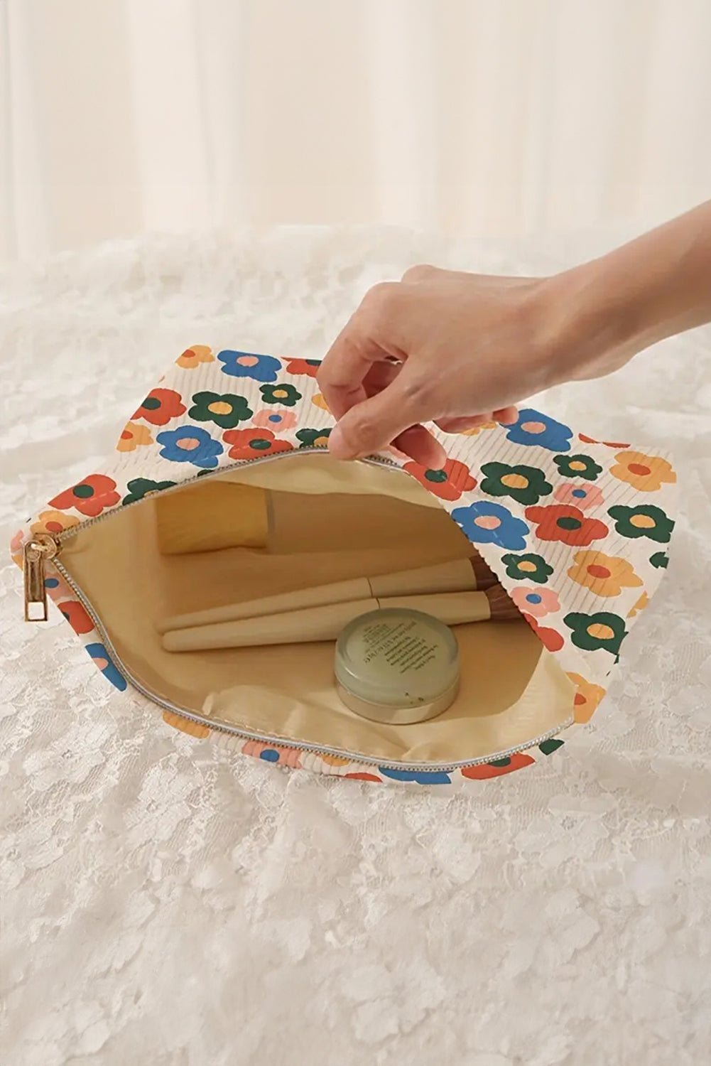 Red Colorful Flower Printed Rib Textured Cosmetic Bag - MAD RUFFI