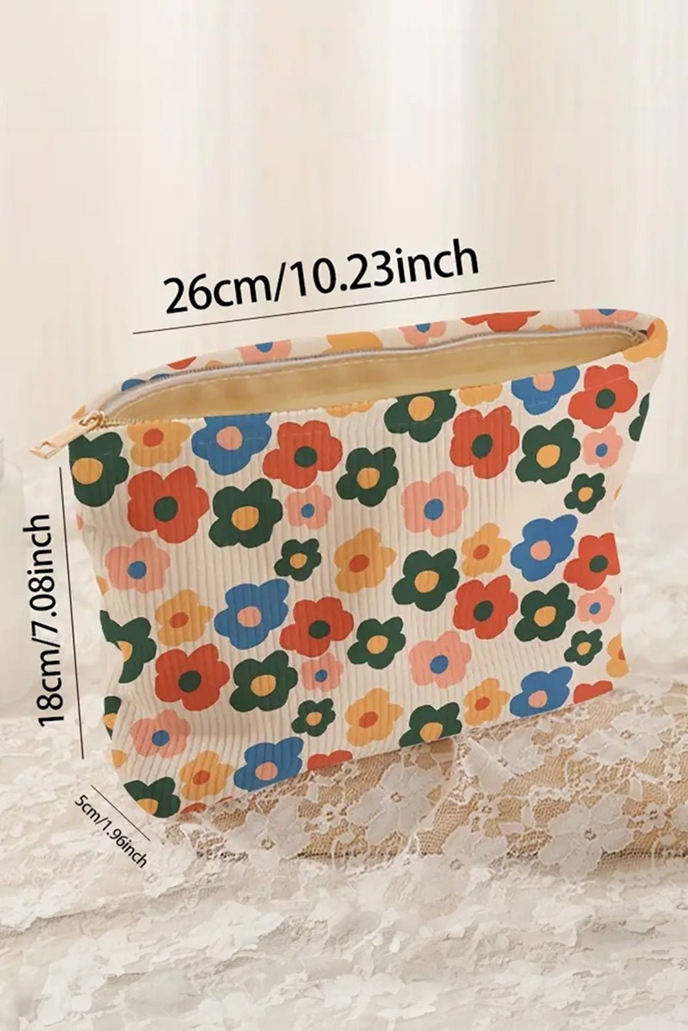 Red Colorful Flower Printed Rib Textured Cosmetic Bag - MAD RUFFI