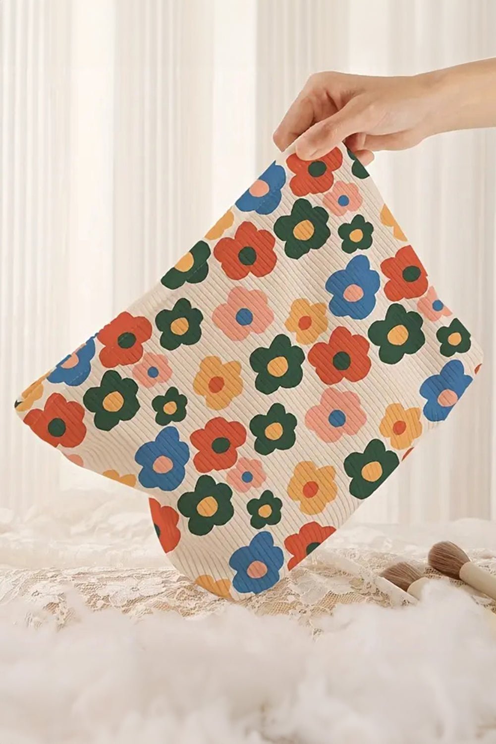 Red Colorful Flower Printed Rib Textured Cosmetic Bag - MAD RUFFI