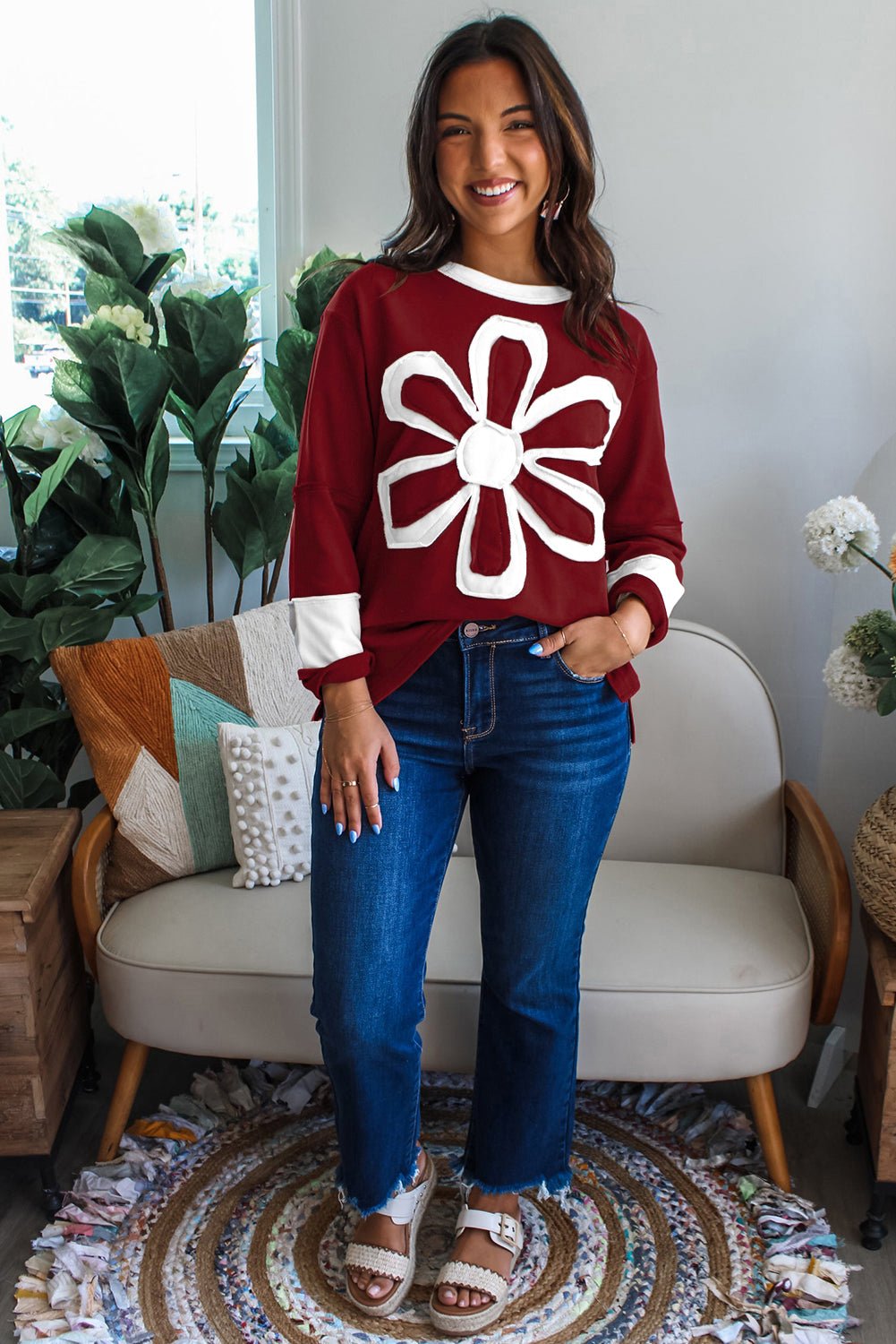 Red Dahlia Cheerful Daisy Flower Patched Round Neck Long Sleeve Top - MAD RUFFI