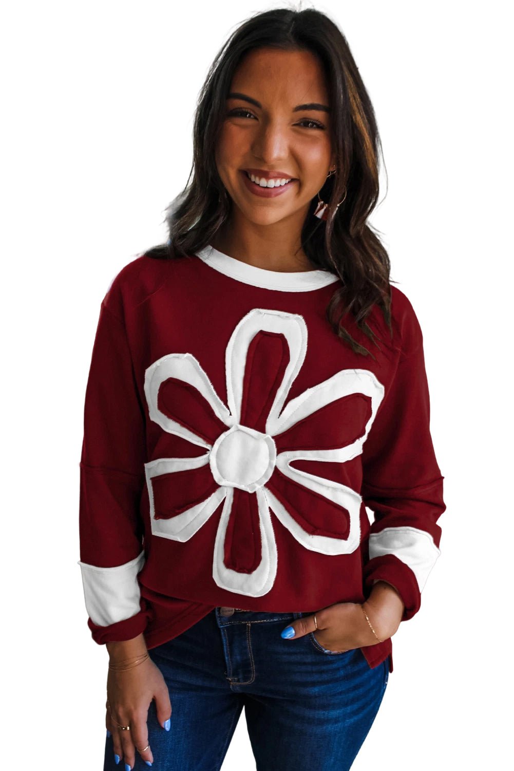 Red Dahlia Cheerful Daisy Flower Patched Round Neck Long Sleeve Top - MAD RUFFI