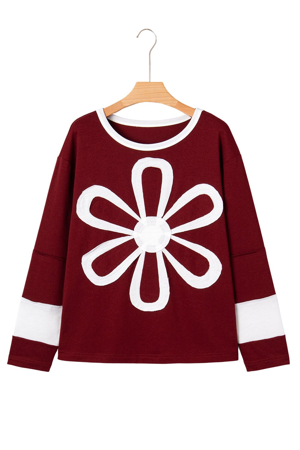 Red Dahlia Cheerful Daisy Flower Patched Round Neck Long Sleeve Top - MAD RUFFI