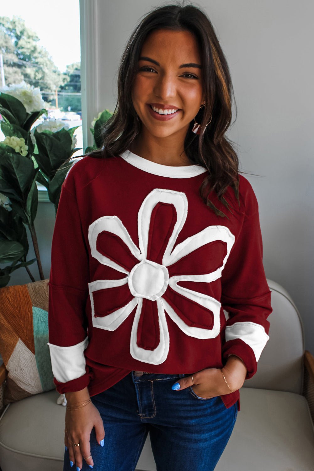 Red Dahlia Cheerful Daisy Flower Patched Round Neck Long Sleeve Top - MAD RUFFI