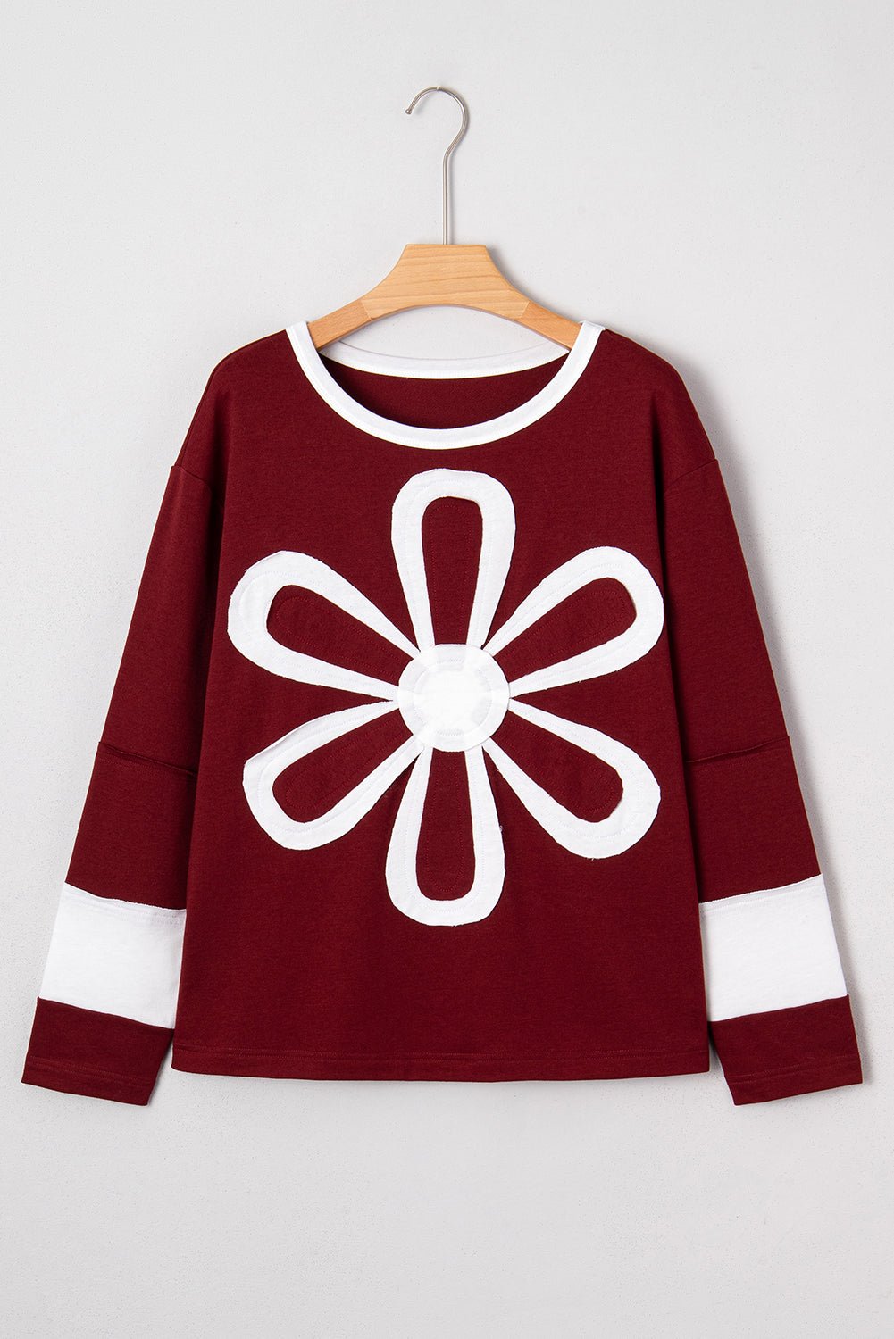 Red Dahlia Cheerful Daisy Flower Patched Round Neck Long Sleeve Top - MAD RUFFI