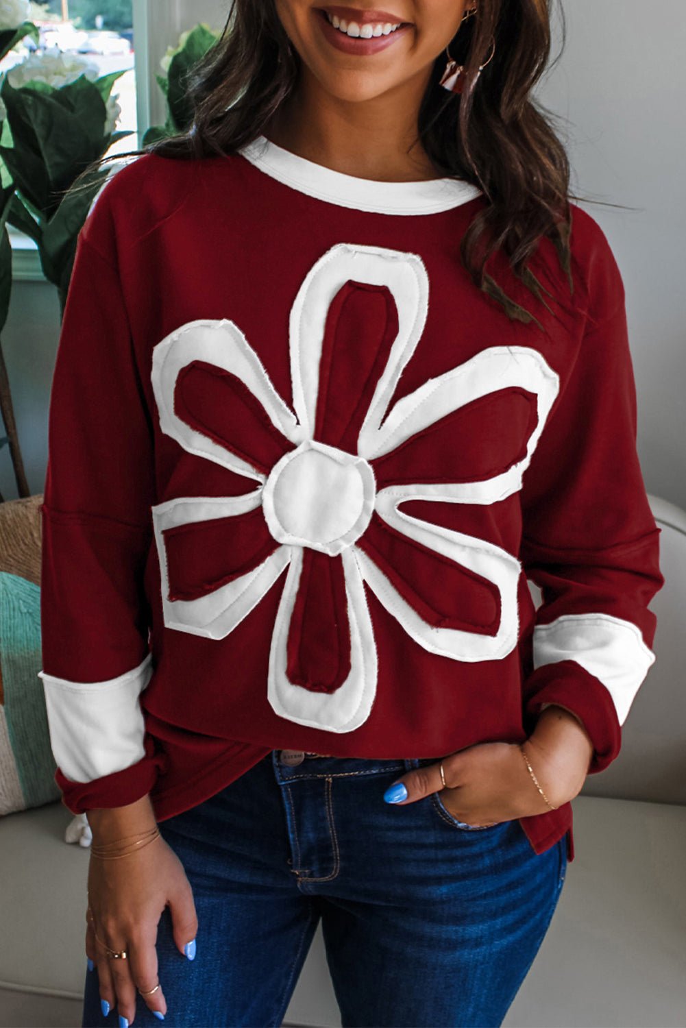 Red Dahlia Cheerful Daisy Flower Patched Round Neck Long Sleeve Top - MAD RUFFI
